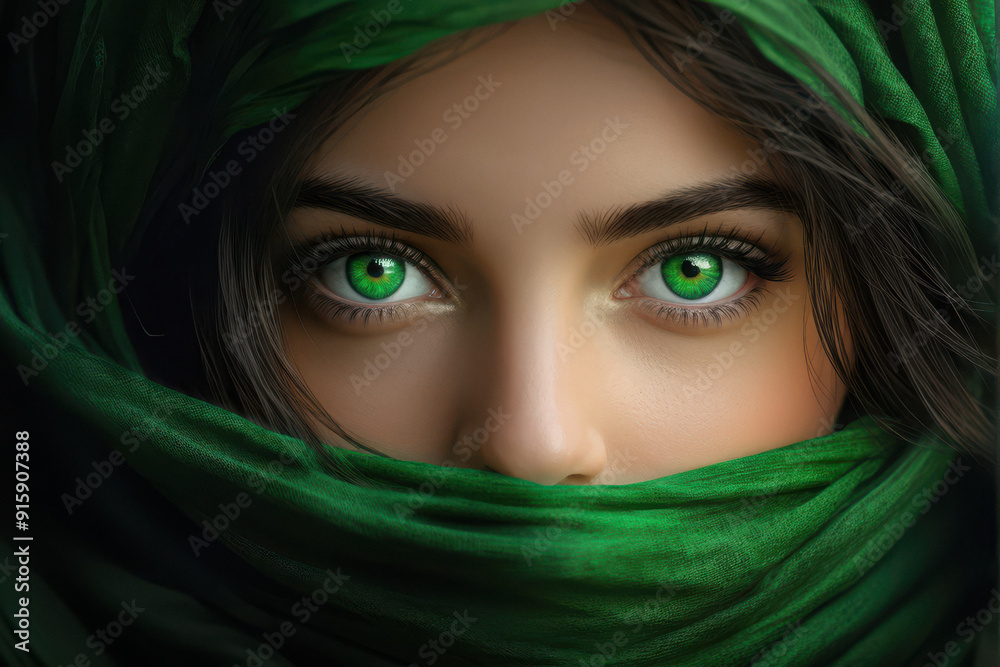 Enigmatic Gaze: Emerald green eyes peer out from a soft green scarf, creating a mesmerizing and enigmatic portrait. generative AI Enigmatic Gaze: Emerald green eyes peer out from a soft green scarf, creating a mesmerizing and enigmatic portrait. generative AI