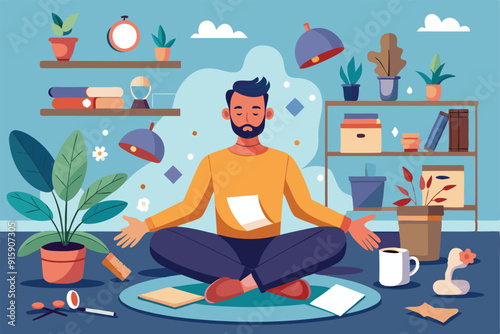 A calm father sits in a lotus position, practicing meditation at home, surrounded by plants and cozy decor in a serene atmosphere