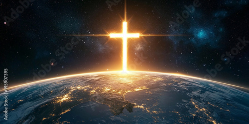 The cross of Jesus Christ shining over the Earth from space, illuminating it with golden light