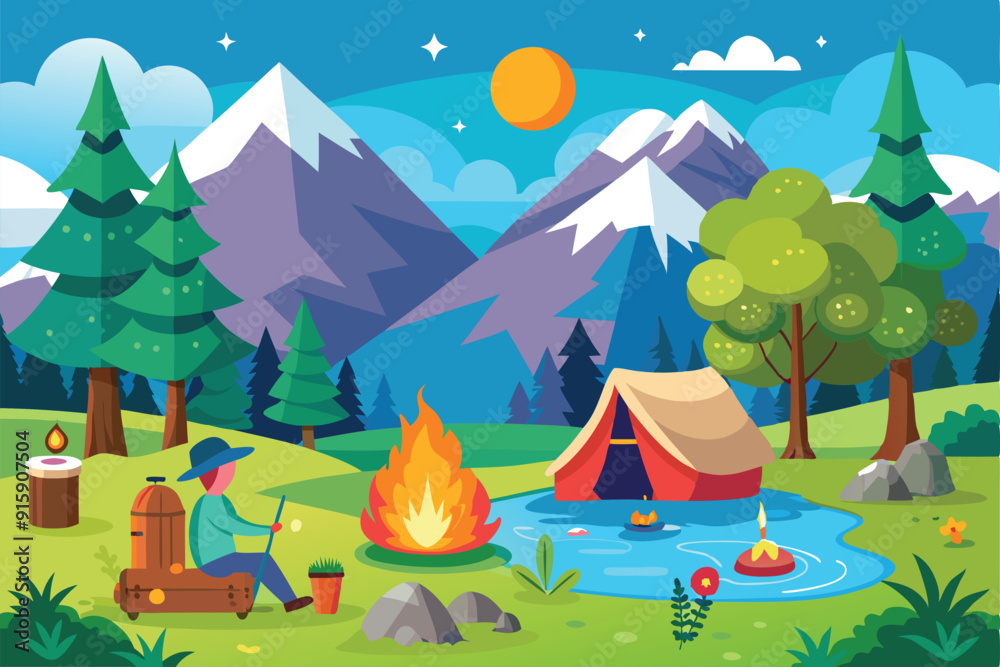 Obraz premium A person enjoys a camping trip by a lake, sitting by a warm campfire, surrounded by trees and mountains on a bright, sunny day