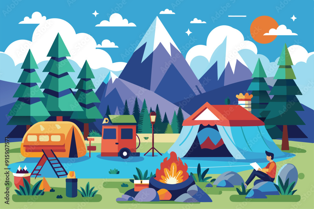 A tranquil camping atmosphere featuring tents near a lake, a campfire, and a person reading, with majestic mountains in the background A tranquil camping atmosphere featuring tents near a lake, a campfire, and a person reading, with majestic mountains in the background