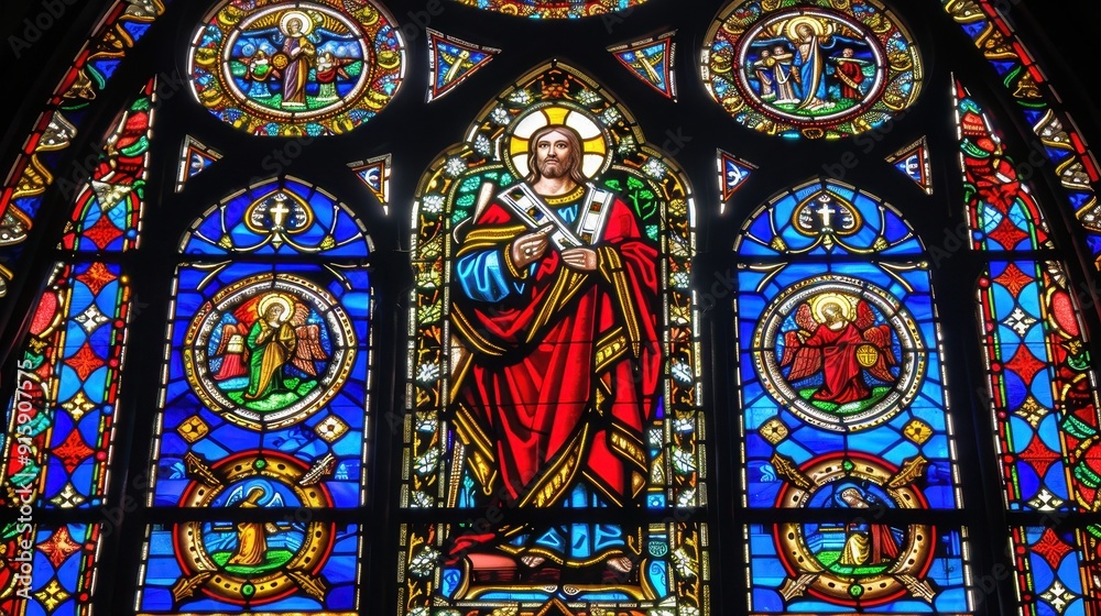 A vibrant stained glass window shows Jesus Christ with angels in a historic church A vibrant stained glass window shows Jesus Christ with angels in a historic church