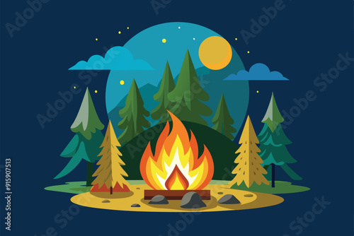 A warm campfire crackles amidst tall pine trees, lighting up the night as stars twinkle above and the moon shines bright
