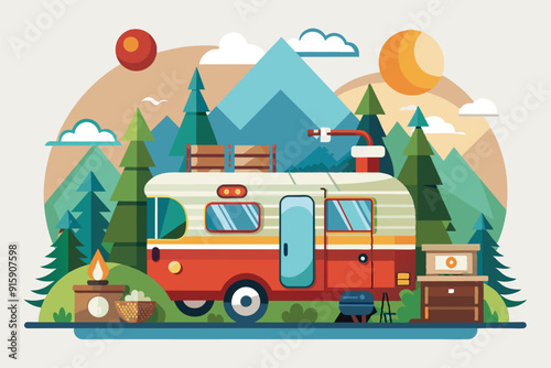 A cheerful caravan is parked amid tall trees and mountains, with a cozy campfire and outdoor furniture set up under a sunny sky