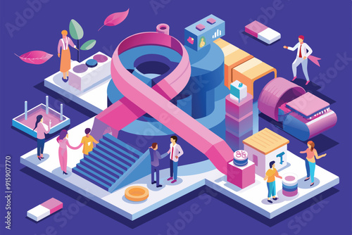 A vibrant isometric illustration showcases a community gathering focused on cancer awareness, featuring support activities, educational elements, and interactive participation