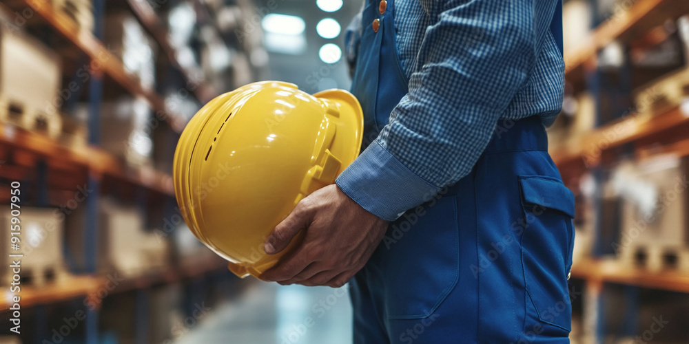 A worker holding a yellow helmet in their hand, wearing blue overalls, working in a warehouse background, close-up view A worker holding a yellow helmet in their hand, wearing blue overalls, working in a warehouse background, close-up view