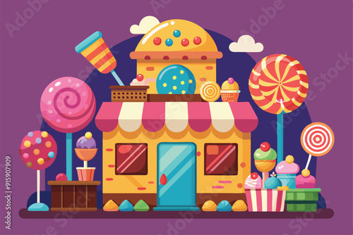 A delightful candy shop showcases vibrant sweets, lollipops, and ice cream, creating a whimsical atmosphere perfect for children and candy lovers alike