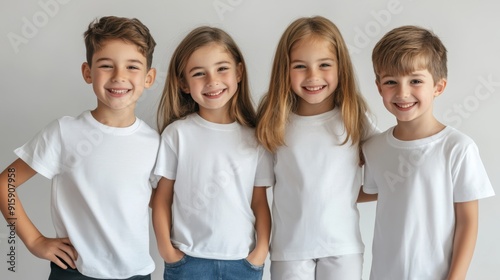 Group of children in white t-shirts mockup for prints