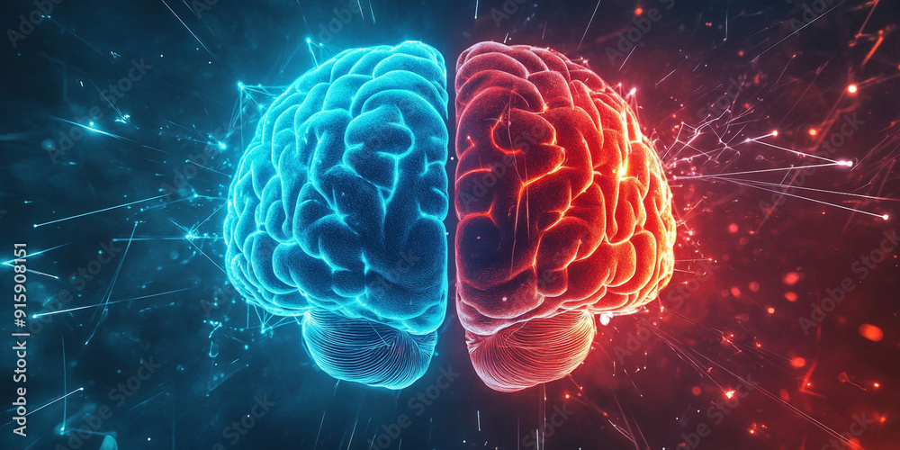 Two brains parts facing each other, one brain is red and the second is blue, with energy surrounding them Two brains parts facing each other, one brain is red and the second is blue, with energy surrounding them