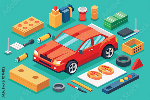 A colorful isometric illustration showcasing various customizable car accessories, including tools, tires, and decorative elements for vehicle personalization