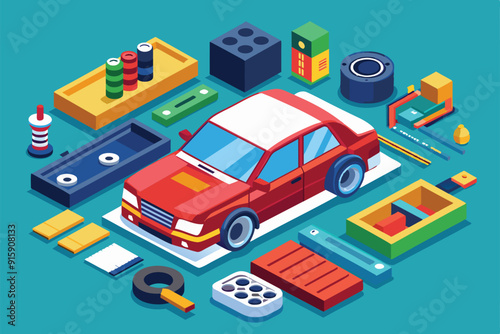 Various customizable car accessories are artistically arranged alongside a red car, perfect for car enthusiasts looking to upgrade their vehicles