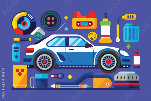A sporty vehicle is surrounded by various customizable car accessories in a colorful, semi-flat illustration, showcasing tools and enhancements for car enthusiasts
