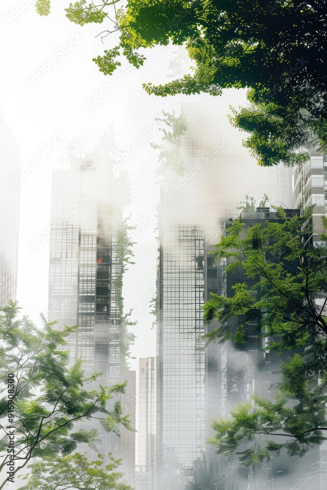 Smoke-filled cityscape with modern skyscrapers Smoke-filled cityscape with modern skyscrapers