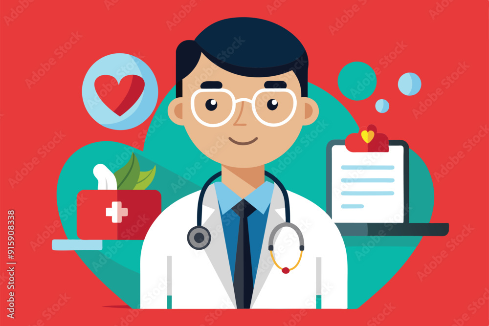 A cheerful cardiologist stands in a vibrant environment, surrounded by heart-related symbols, offering medical advice and information A cheerful cardiologist stands in a vibrant environment, surrounded by heart-related symbols, offering medical advice and information