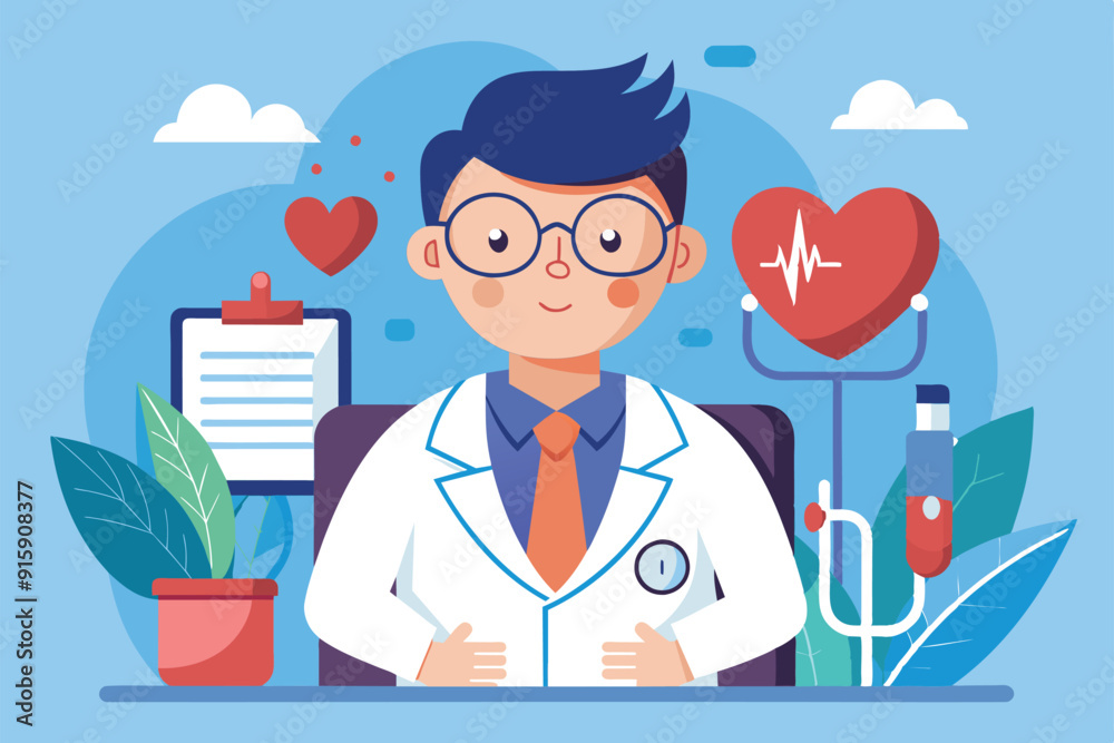 A friendly cardiologist sits at a desk surrounded by health-related items, ready to assist patients in a colorful and inviting environment A friendly cardiologist sits at a desk surrounded by health-related items, ready to assist patients in a colorful and inviting environment