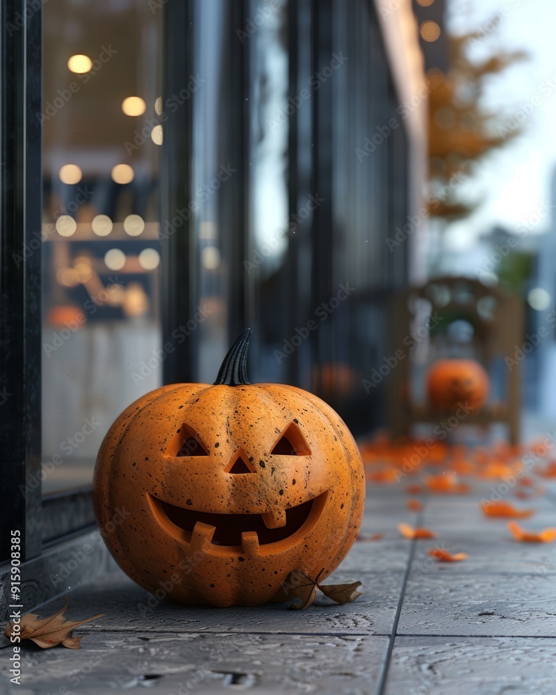 Festive halloween decoration, carved pumpkin on stoop with fallen leaves, perfect for celebrating autumn in october