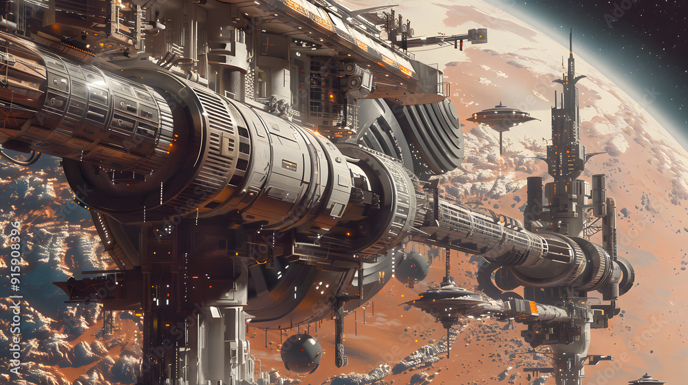 Futuristic Space Station Orbiting Mars, Advanced Technology, Sci-Fi Concept, Digital Art, Outer Space Colony, Mars Settlement Futuristic Space Station Orbiting Mars, Advanced Technology, Sci-Fi Concept, Digital Art, Outer Space Colony, Mars Settlement