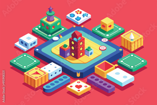 A colorful isometric illustration displays various game components for a customizable card game, featuring dice, tokens, and playing boards