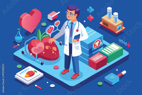 A cardiologist explores various tools and heart models while analyzing health data in a contemporary medical laboratory environment