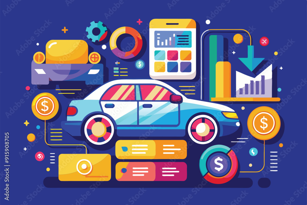 A colorful illustration depicts customizable car finance elements, including graphs, charts, and icons, guiding users through the process of auto financing options A colorful illustration depicts customizable car finance elements, including graphs, charts, and icons, guiding users through the process of auto financing options