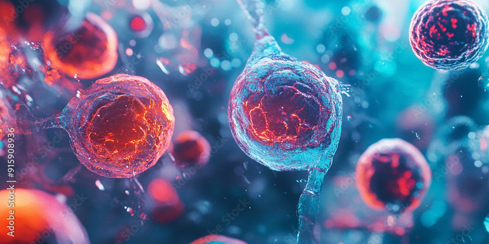 Close-up cells in the background, with blue and red colors and some glowing particles Close-up cells in the background, with blue and red colors and some glowing particles