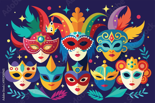 A collection of vibrant carnival masks with intricate designs, perfect for lively celebrations during a fancy party