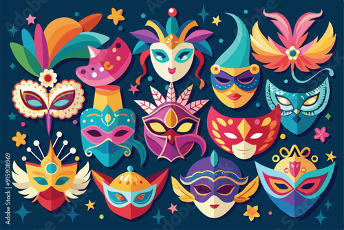 A vibrant assortment of decorative carnival masks ready for a fancy party, showcasing intricate designs, colors, and festive flair to enhance the celebration
