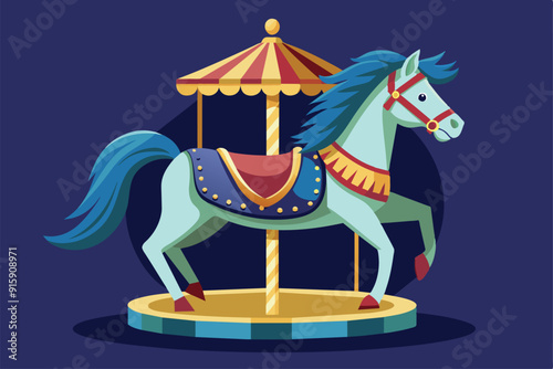 A playful carousel horse stands proudly, featuring vibrant colors and fun designs, awaiting children for enchanting rides at a carnival