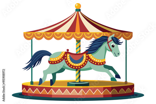 A charming carousel horse prances gracefully on a round platform under a striped canopy at a lively fairground