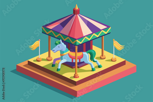 A vibrant carousel features a customizable horse, set beneath a colorful pavilion surrounded by cheerful flags, ready for children to enjoy