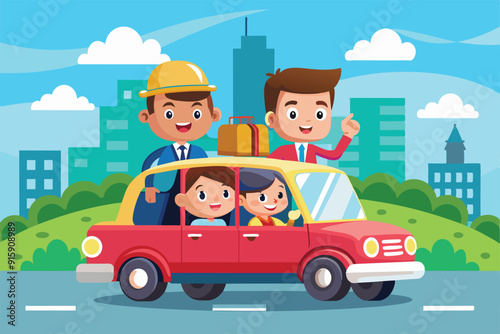Four friends embark on a cheerful carpool journey through a vibrant cityscape, enjoying the sunny day and each other's company