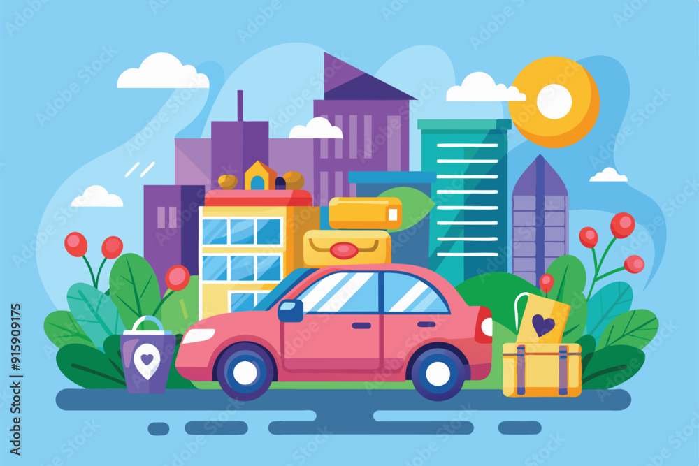 A colorful illustration showcases a car parked in a vibrant city with luggage, trees, and modern buildings under a sunny sky A colorful illustration showcases a car parked in a vibrant city with luggage, trees, and modern buildings under a sunny sky