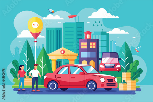 Two individuals stand next to a red car in a colorful urban setting, surrounded by buildings, nature, and transportation elements