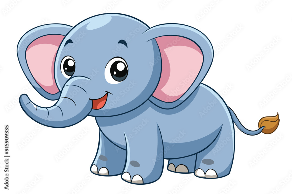 Naklejka premium A cheerful baby elephant with big ears and a friendly smile is playing joyfully in a vibrant, sunny jungle surrounded by lush greenery