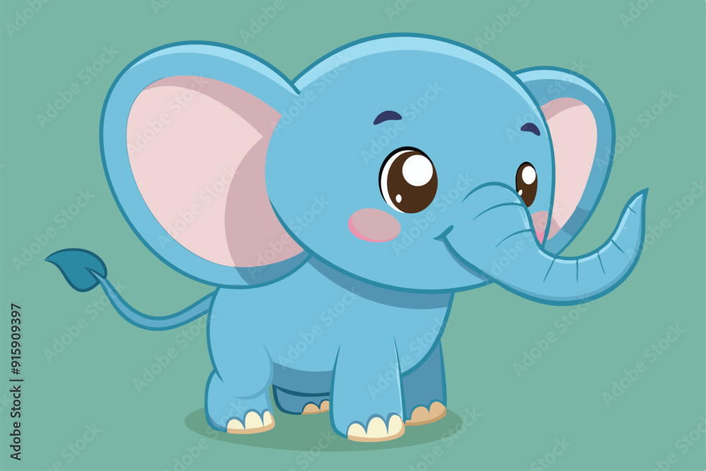 Obraz premium A cartoon baby elephant with a big smile is happily standing on a soft, colorful background, radiating cute and playful energy