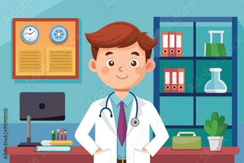 A young cartoon doctor stands confidently in his office, surrounded by medical tools, office supplies, and shelves filled with various items