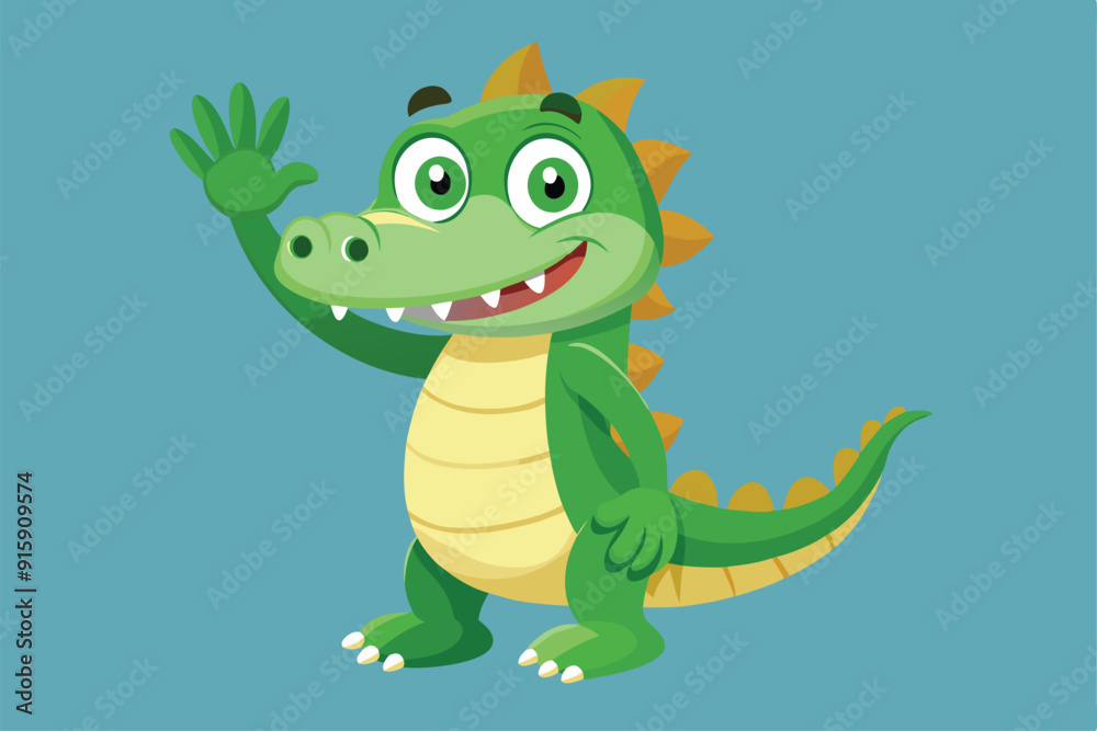 Obraz premium A cheerful cartoon crocodile waves joyfully, showcasing a friendly demeanor against a colorful background