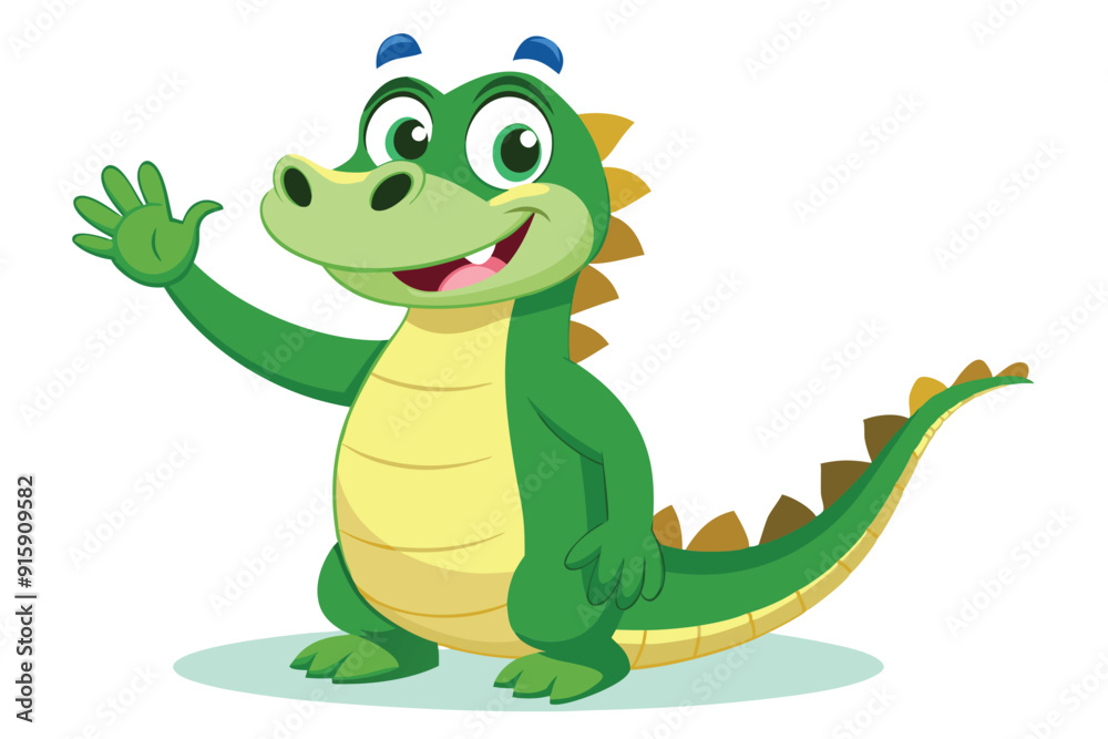 Obraz premium A joyful cartoon crocodile waves enthusiastically, displaying its vibrant green color and friendly expression in a cheerful setting