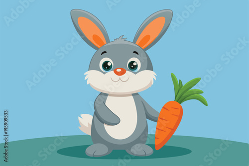 A cheerful cartoon bunny stands on green ground, happily holding a fresh carrot in its paws, surrounded by a bright blue sky