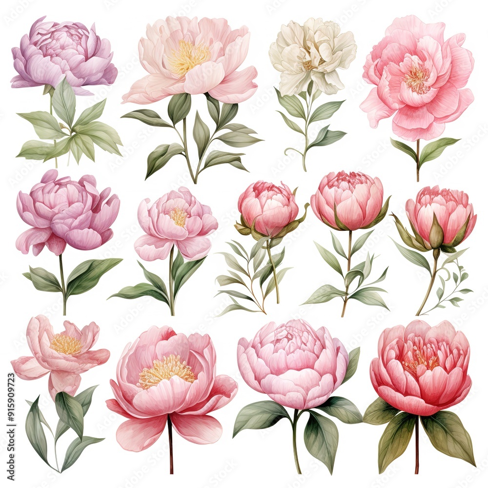 Collection of hand-painted watercolor peonies with green leaves. Collection of hand-painted watercolor peonies with green leaves.