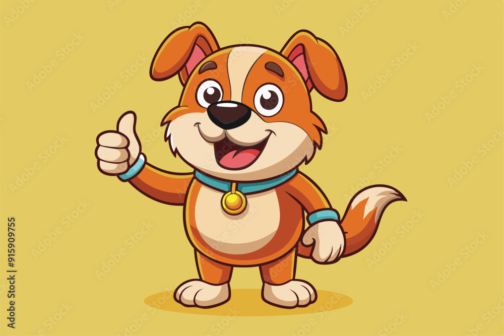 A cartoon dog with a friendly expression shows a thumbs up, radiating joy and enthusiasm in a bright yellow backdrop A cartoon dog with a friendly expression shows a thumbs up, radiating joy and enthusiasm in a bright yellow backdrop