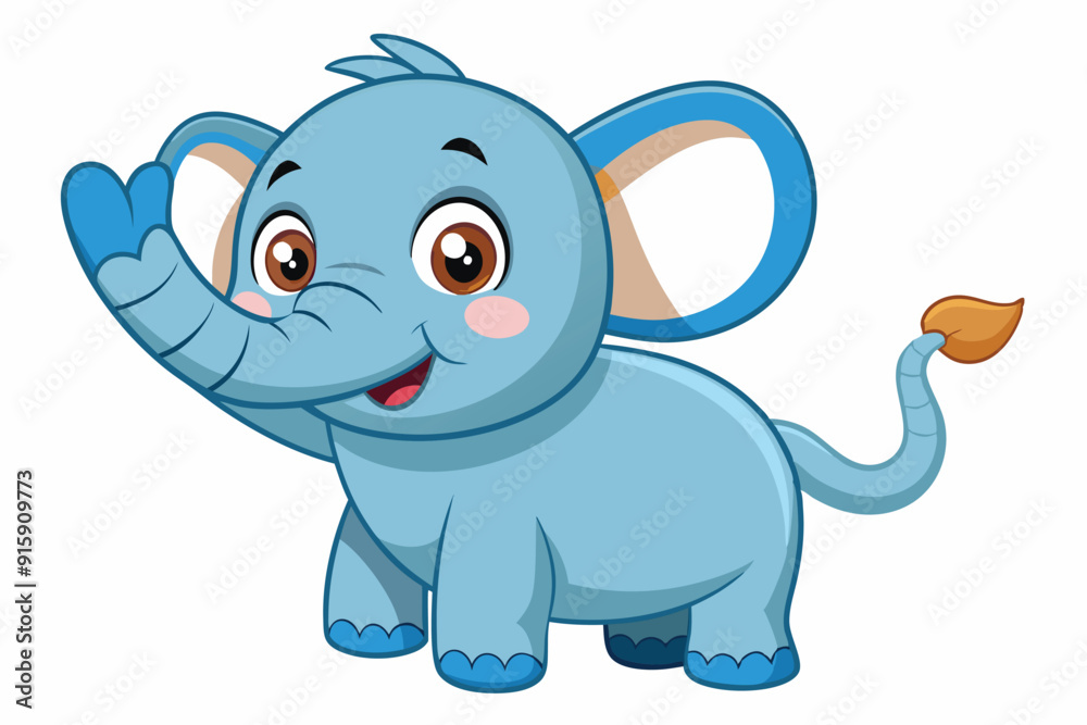 Obraz premium A cheerful cartoon elephant waves joyfully, showcasing its playful personality against a bright white background