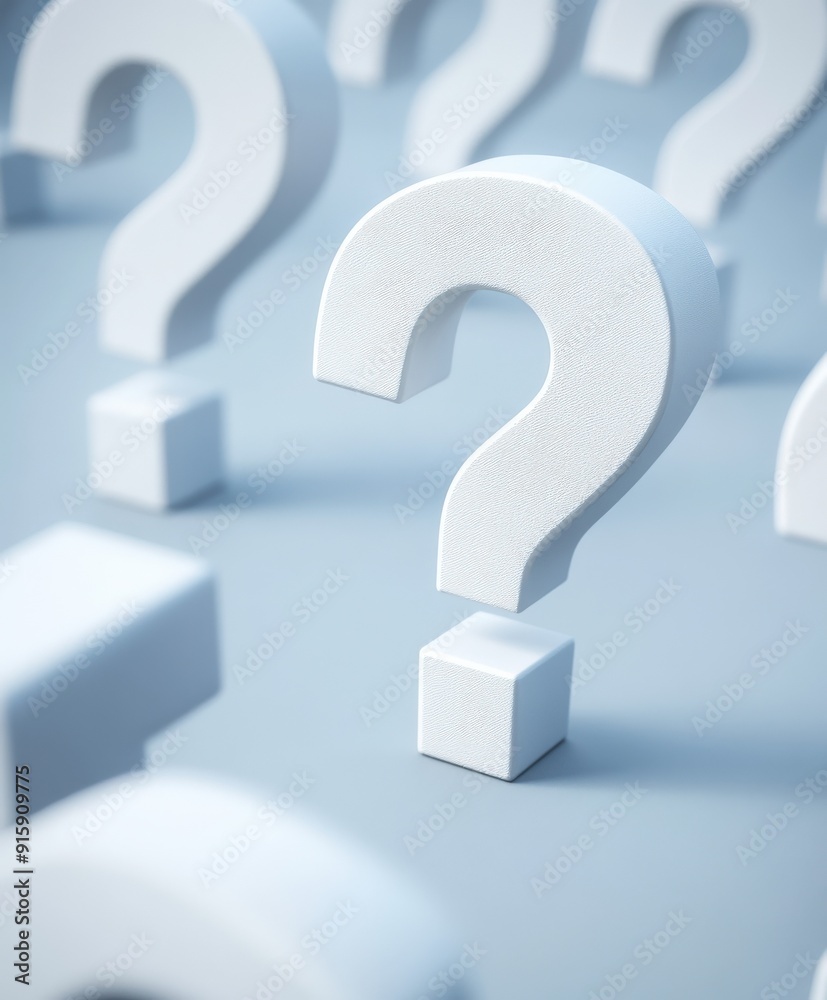 White question marks scattered on a blue background in an abstract design White question marks scattered on a blue background in an abstract design
