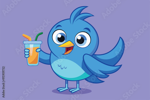A cheerful blue bird happily holds a glass filled with a drink, surrounded by a vibrant purple backdrop, radiating joy and playfulness