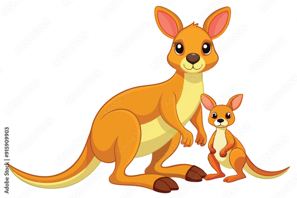 A charming cartoon kangaroo and her baby stand side by side, displaying a playful interaction against a clean white background A charming cartoon kangaroo and her baby stand side by side, displaying a playful interaction against a clean white background