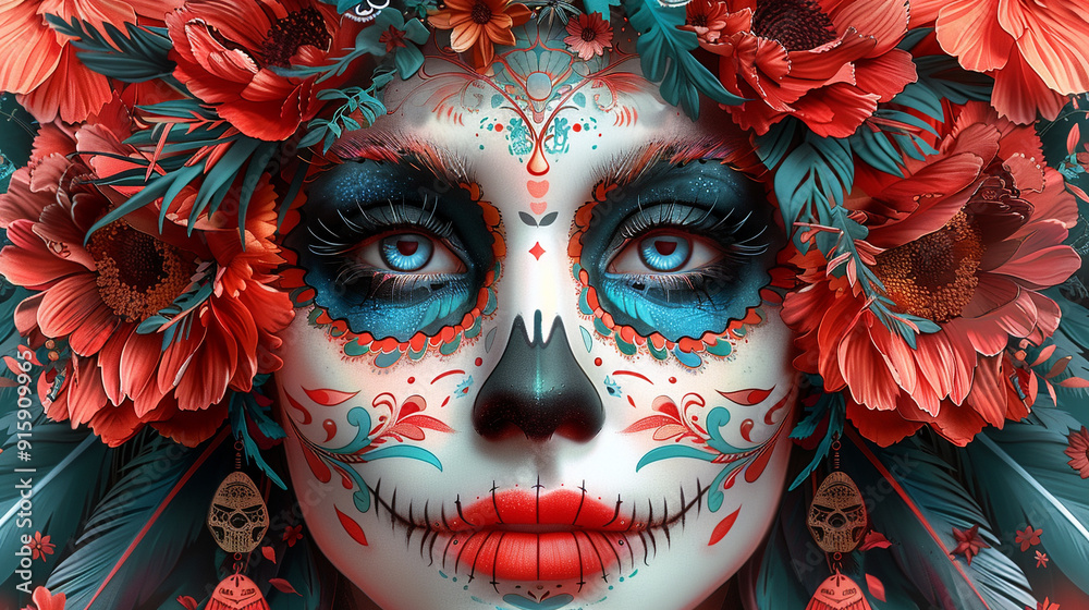 Portrait of a woman with sugar skull makeup over Halloween costume and make-up. Portrait of Calavera Catrina Portrait of a woman with sugar skull makeup over Halloween costume and make-up. Portrait of Calavera Catrina
