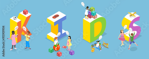 3D Isometric Flat Vector Illustration of Kids, Happy Children Having Fun Together