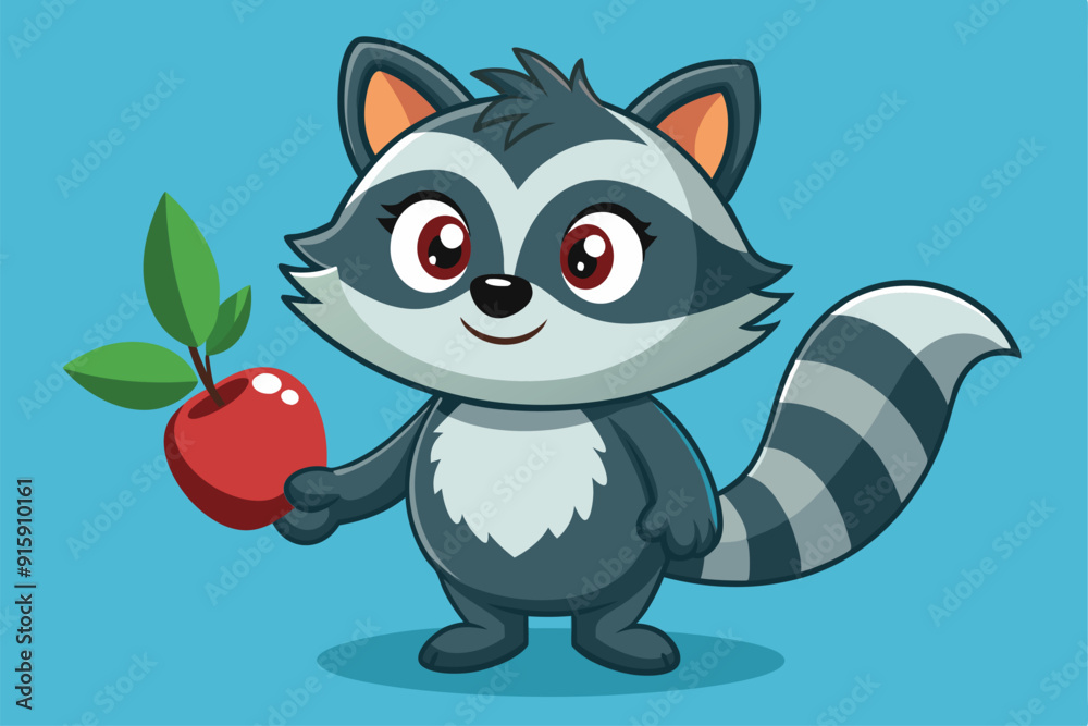 A cute raccoon cheerfully presents a shiny red apple, showcasing its charming features and playful demeanor in a vibrant setting