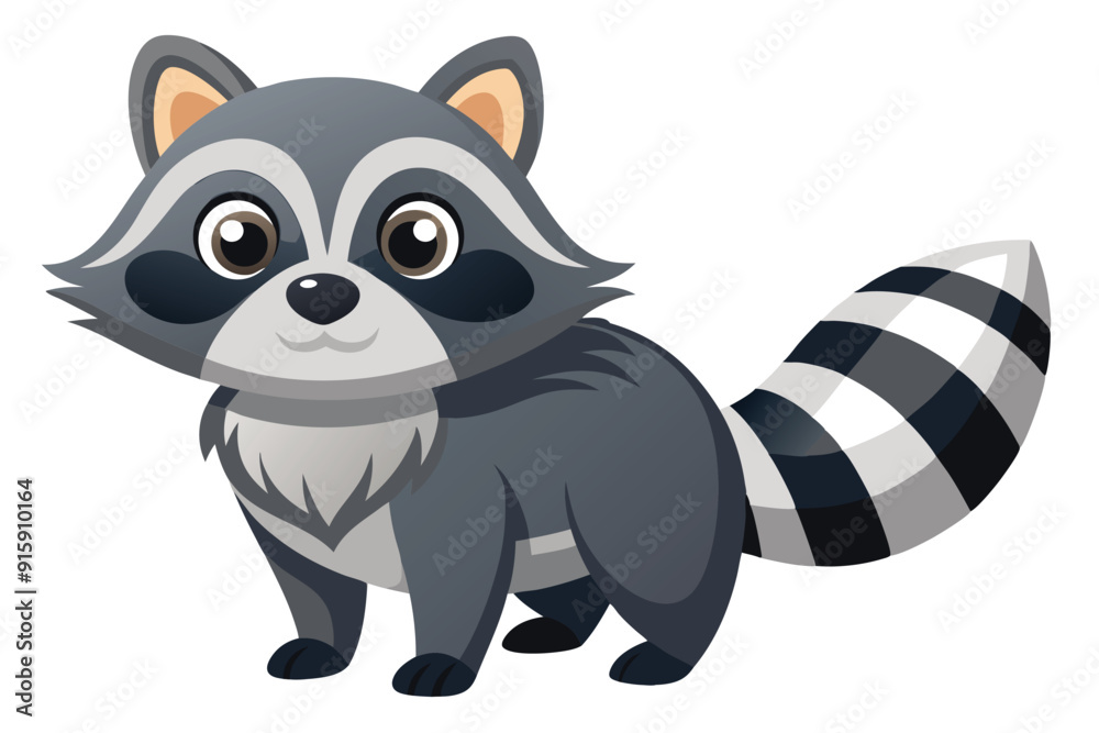 A charming cartoon raccoon with big eyes and a striped tail stands cheerfully against a white background, showcasing its playful and cute demeanor A charming cartoon raccoon with big eyes and a striped tail stands cheerfully against a white background, showcasing its playful and cute demeanor
