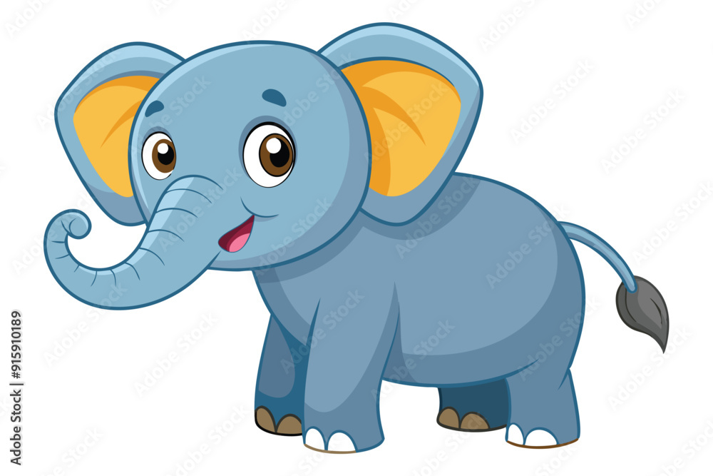 Fototapeta premium A cute cartoon elephant stands happily, displaying a friendly expression with bright blue skin and large ears against a plain white backdrop